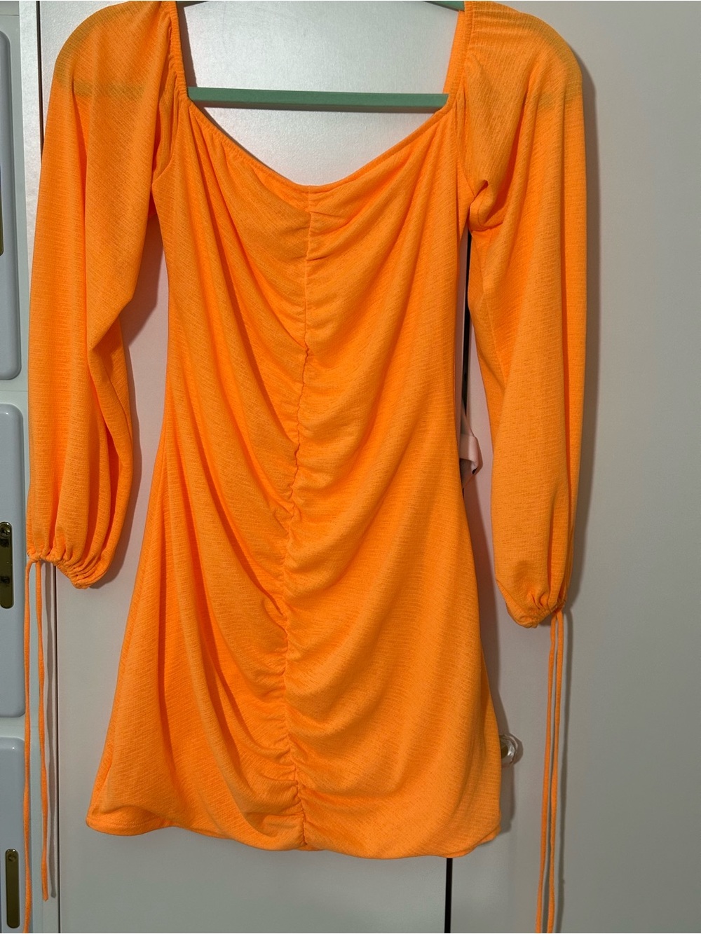 H&M Neon Orange Ruched Long-Sleeve Mini Dress